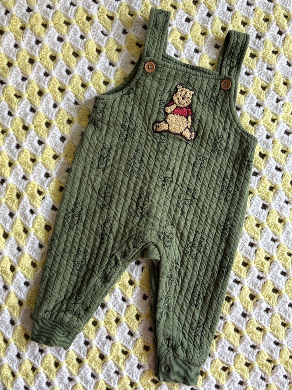 Disney Baby Olive Green Quilted Embroidered Winnie the Pooh Overalls Size 3-6M !